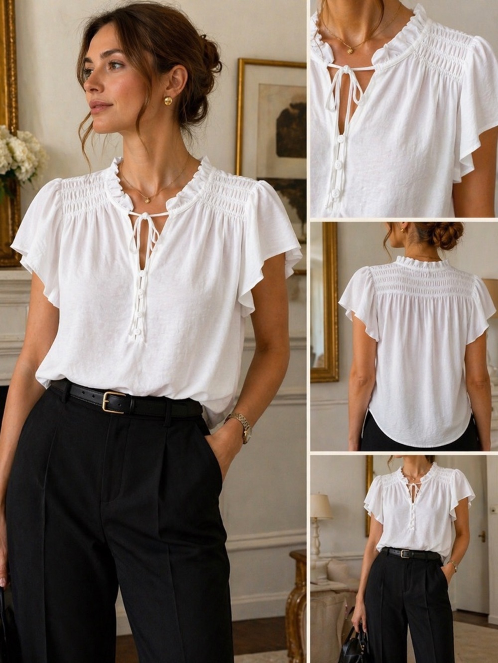 Crisp White Ruffle Neck Blouse | Old Money Chic Feminine Tie Front Top Size M